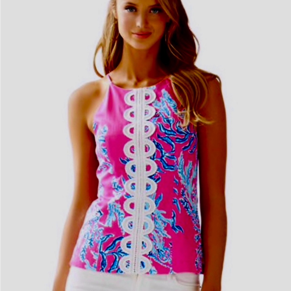 Lilly Pulitzer Annabelle Embellished Fitted Tank Top in Capri Pink Samba
